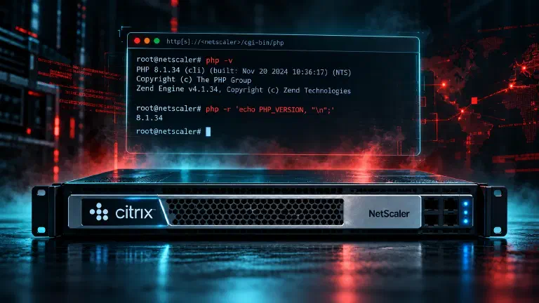 Illustration of a NetScaler appliance with a terminal above it showing php -v reporting PHP 8.1.34