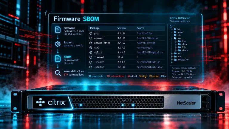 Illustration of a NetScaler appliance with a firmware SBOM above it: the steps firmware, extract, SBOM and vulnerability scan, a table of components such as PHP 8.1.34 and OpenSSL 3.0.19, and a total of 34 components and 377 vulnerabilities