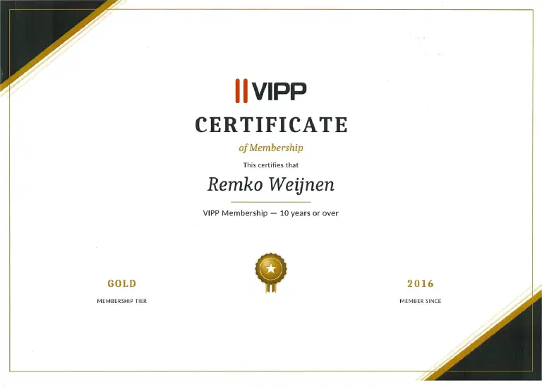 VIPP certificate of membership for Remko Weijnen: VIPP Membership, 10 years or over, gold membership tier, member since 2016