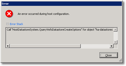 Call HostDatastoreSystem.QueryVmfsDatastoreCreateOptions for object ha-datastoresystem on ESX failed.