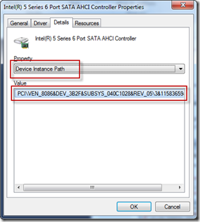 SATA AHCI Controller Device Instance Path
