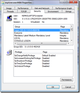 Process Explorer|Security Tab|Logon SID