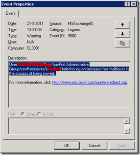 User <userName> (<legacyExchangeDn>) failed to log on because their mailbox is in the process of being moved. 