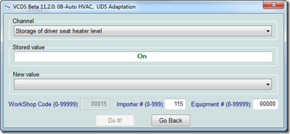 VCDS | Select Control Module | 08 Auto HVAC | Adaptation | Storage of driver seat heater level