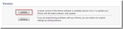 A new versions of the iPhone software is available (version 5.0.1) | To update your iPhone with the latest version, click Update.