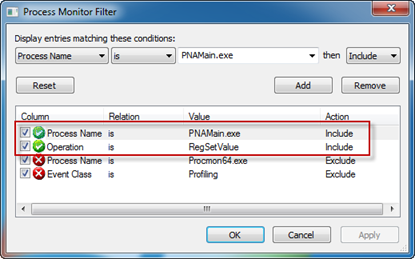 Filter on Process Name is PNAMain.exe | Operation is RegSetValue