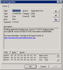 Application Error | Faulting application lmadmin.exe, version 11.10.0.9, faulting module msvcp80.dll, version 8.0.50727.6195, fault address 0x000038db