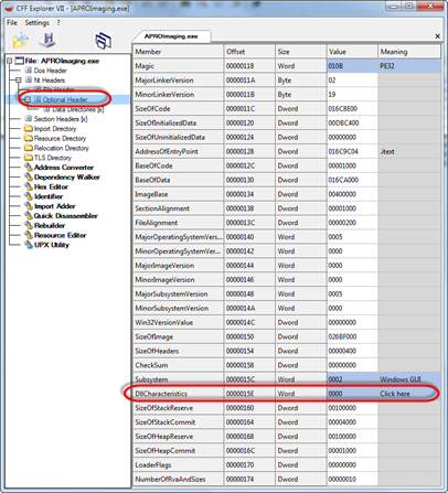 Change DllCharacteristics filed in the Optional Header
