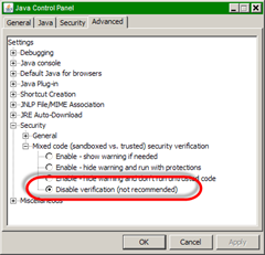 Advanced | Security | Mixed code | Disable verification