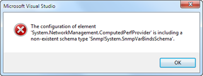 The configuration of element 'System.NetworkManagement.ComputedPerfProvider' is including a non-existent schema type 'Snmp!System.SnmpVarBindsSchema'