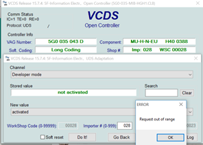 VCDS | Discover Pro | Adaptation | Developer Mode | Request out of range