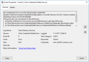 An unexpected error occurred retrieving the credentials. System.Collections.Generic.KeyNotFoundException, mscorlib, Version=4.0.0.0, Culture=neutral, PublicKeyToken=b77a5c561934e089 The given key was not present in the dictionary. at System.Collections.Concurrent.ConcurrentDictionary`2.get_Item(TKey key) at Citrix.DeliveryServices.CredentialWallet.InMemory.InMemoryWallet.get_Item(Index index) at Citrix.DeliveryServices.CredentialWallet.Service.CredentialWalletService.Retrieve(Byte[] index)