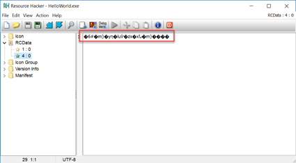 Resource Hacker showing the encrypted PowerShell script