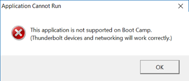 This application is not supported on Boot Camp. (Thunderbolt devices and networking will work correctly.)