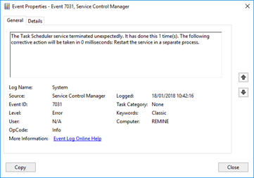 The Task Scheduler service terminated unexpectedly. It has done this 1 time(s). The following corrective action will be taken in 0 milliseconds: Restart the service in a separate process.