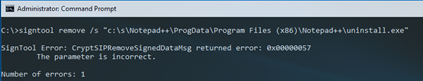 ignTool Error: CryptSIPRemoveSignedDataMsg returned error: 0x00000057
