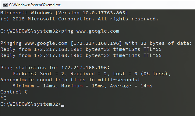 Command prompt showing that ping to www.google.com works fine.
<p>ping <a href=