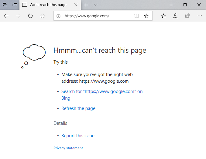Edge browser with error message "Can't reach this page"