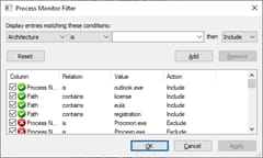 Process Monitor Filter dialog