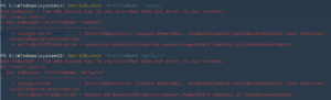 Screenshot showing Get-S3Bucket : The AWS Access Key Id you provided does not exist in our records