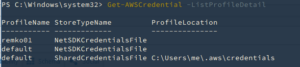 Screenshot showing Get-AWSCredential -ListProfileDetail